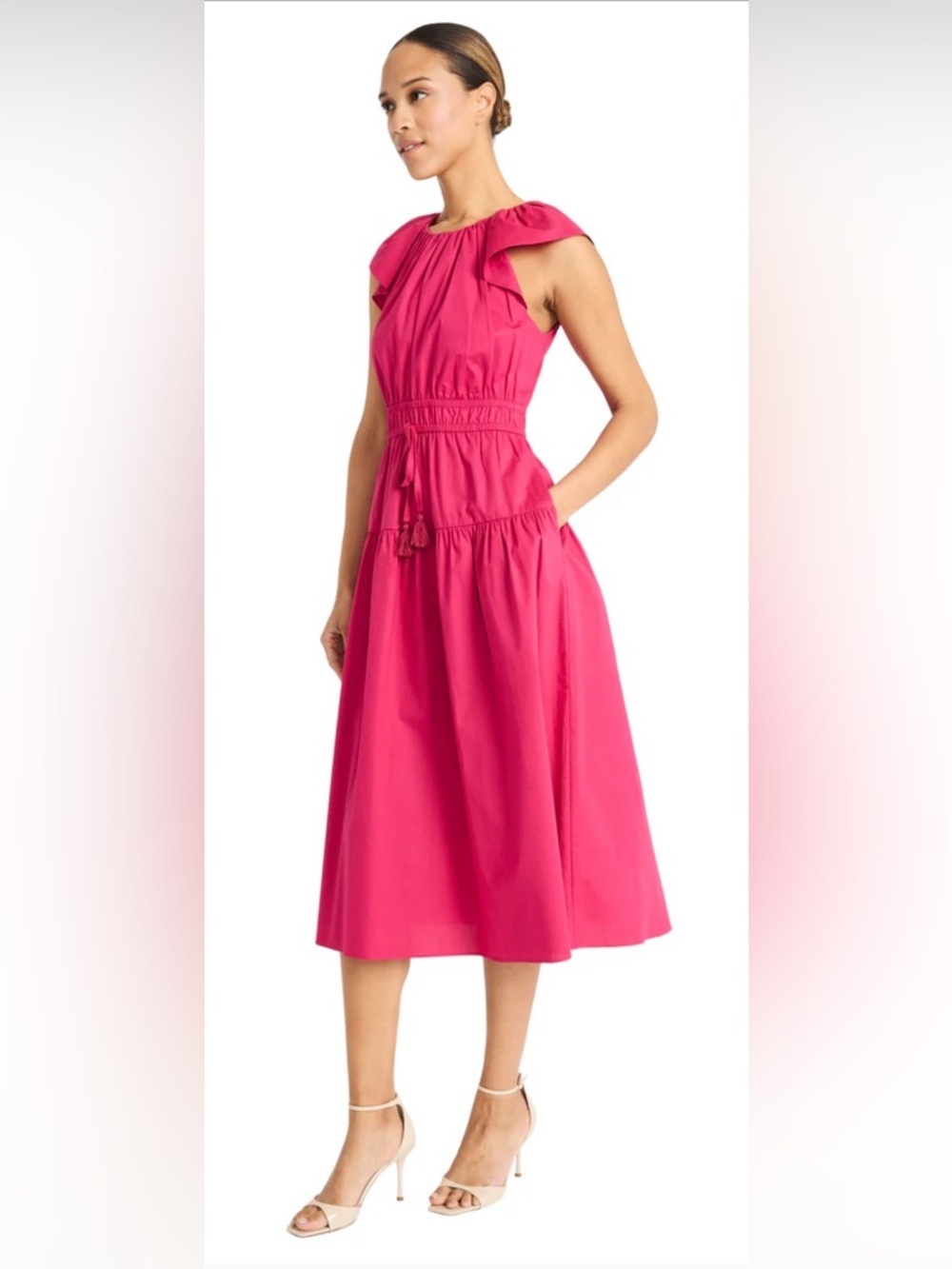 NWT Maggie London Roberta Dress Midi Cotton Poplin Flutter Sleeve Pockets Sz 8 - Picture 2 of 3